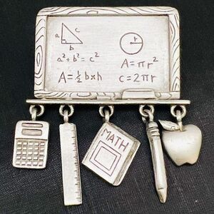 Vintage JJ Jonette Jewelry Pewter Dangle Math Teacher Blackboard Brooch Pin 4078
